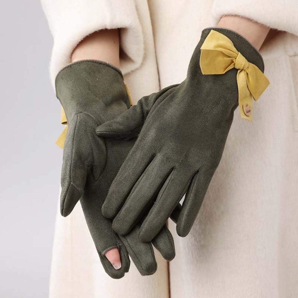 Soft Women Anti-cold Mittens Bow Thickened Suede Gloves Gift Windproof Finger Mittens  Winter