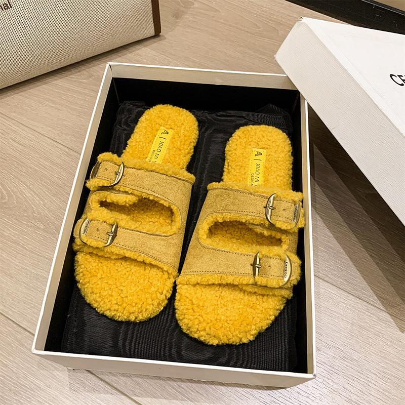 2025 autumn new open-toed double one-word with metal buckle Mao Mao shoes flat-soled fashionable versatile soft-soled women's slippers women