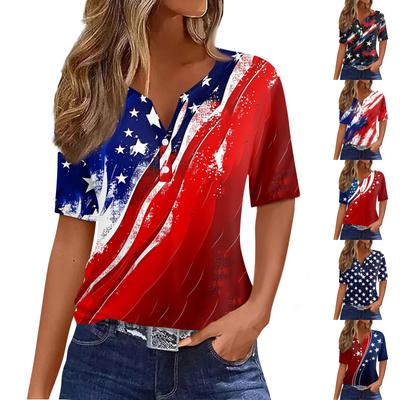 Damen-T-Shirt mit Aufdruck „Unabhängigkeitstag“ und Knopfleiste, kurzärmelig, für den Alltag und das Wochenende, modisch, Basic, V-Ausschnitt, normales Oberteil