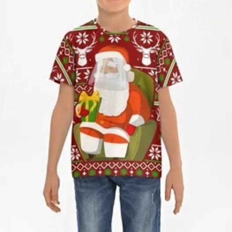 Kinder Weihnachtsmann Bedruckte Neujahrs Rundhals T-Shirts Kinder Unisex Bequemes Vielseitiges Oberteil Kurzarm T-Shirt