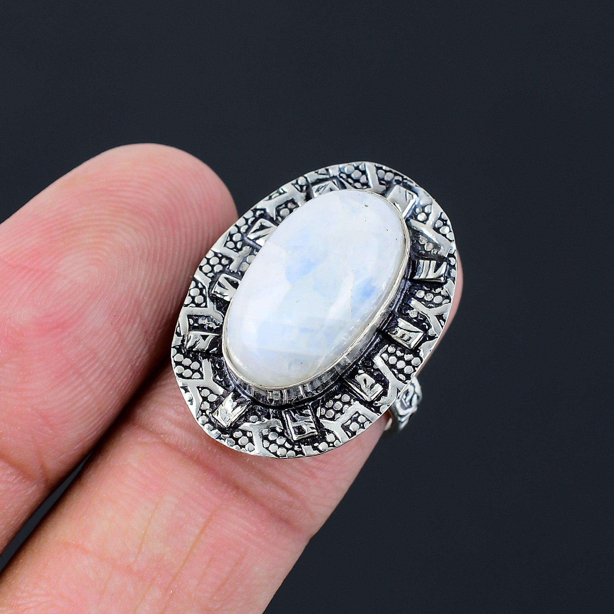 Oval Natural Rainbow Moonstone Promise Mother New Ring Jewelry 925 Silver US 7.5 7.5