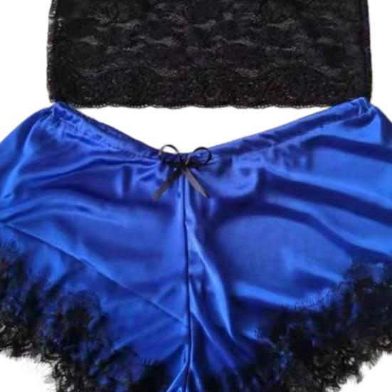 Women Pajama Set Lace Pajama Top Satin Shorts with Black Silk Bow And Lace Trim Sexy Lace Camisole Set for Women Home Sleepwear Gift