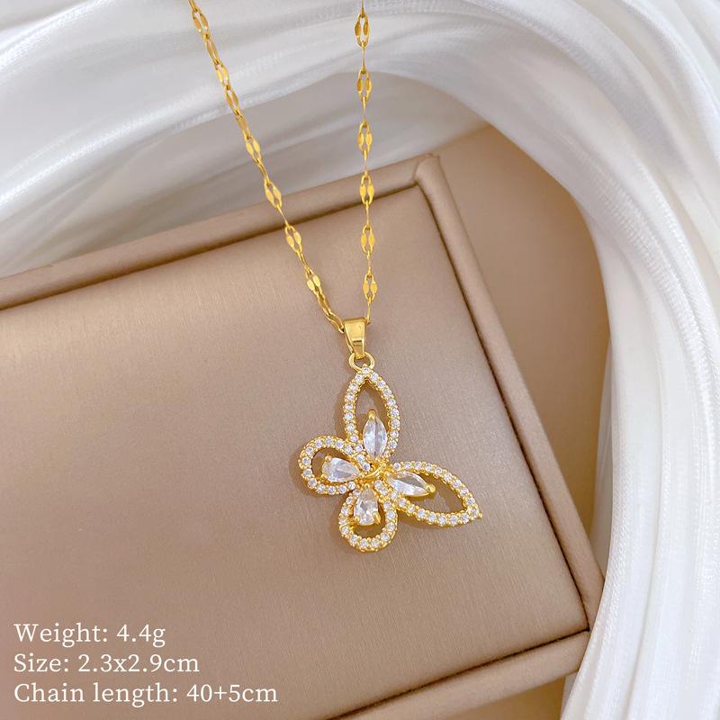 Titanium Steel, Empty Butterfly Zircon Full Diamond Temperament Gorgeous Full Diamond Necklace Female Versatile Collarbone Chain Titanium Steel Chain
