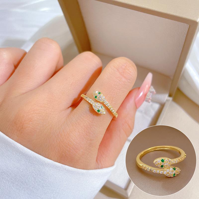 Real Gold Green Eyes Snake Ring Opening Adjustable Simple Jewelry Japanese Ring Couple Ring