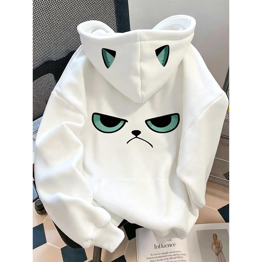 Cartoon Grumpy Cat Print Hoodie For Women Creative Hood Cat‑Ear Design Long Sleeve Casual Oversized Hooded Pullover Sweatshirt