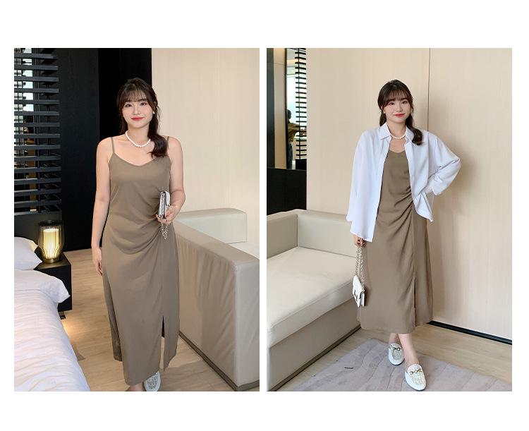 2024 Plus Size Women's Pleated Slit Midi Slip Dress