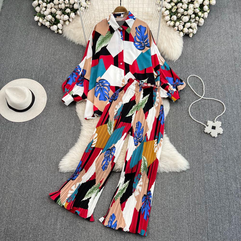 Mulheres pijamas floral casual elegante 2 peças conjunto camisas soltas topos perna larga calça terno moda feminina vintage sexy pijamas novo
