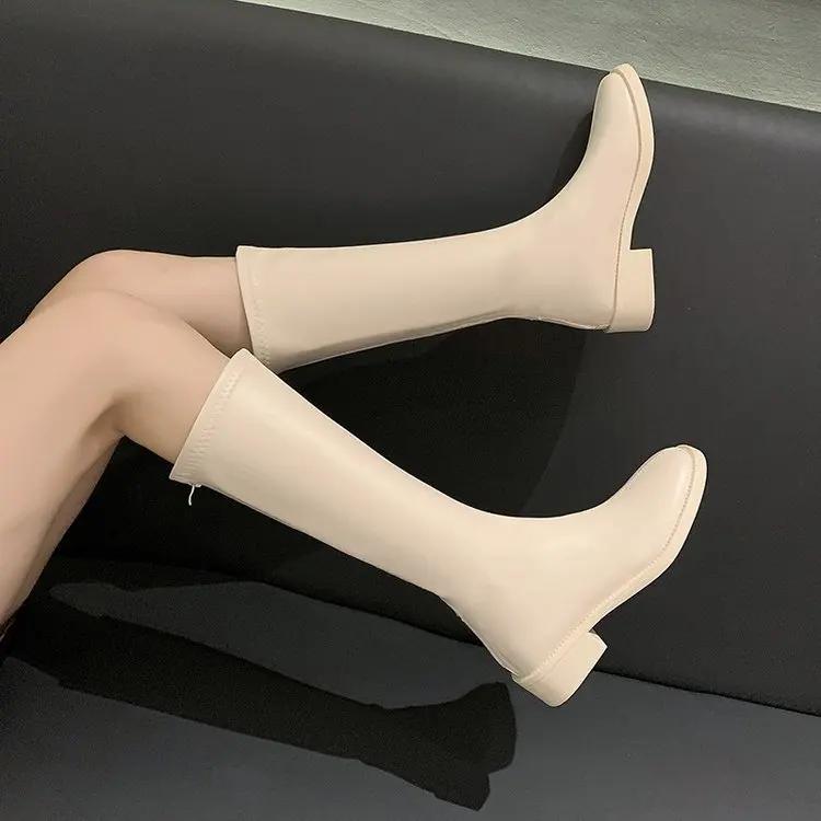 Large Size Long Leg Women's Boots Square Toe High Leg Flat Bottom Low Heel Zipper Knight Boots Platform Boots  Women Shoes