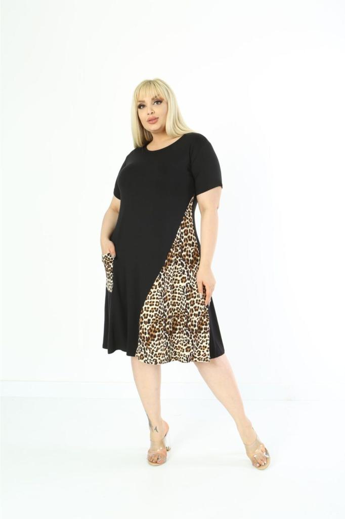 Women's Big Size Dress Cross Detailed Single Pocket Knee Length Short Sleeve Midi Length Stylish Summer Combed Cotton Dress