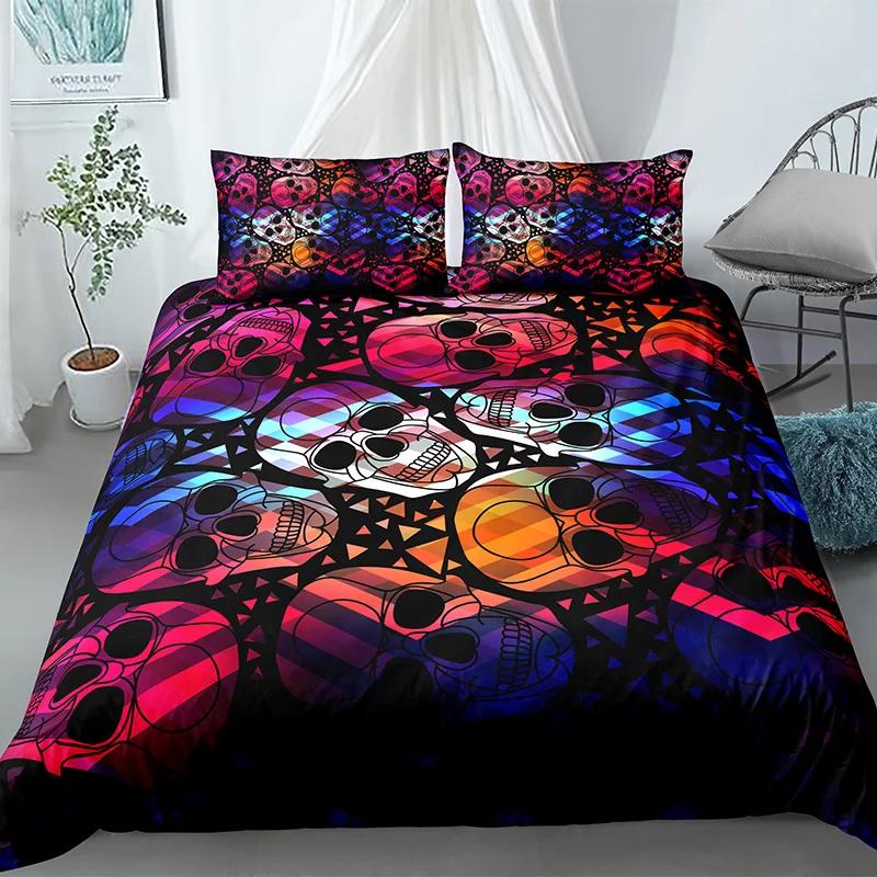 Skull Duvet Cover King Halloween Comforter CoverGothic Fog Smoke Skull Skeleton Bedding SetGrey Quilt Cover Room Decor 2/3pcs