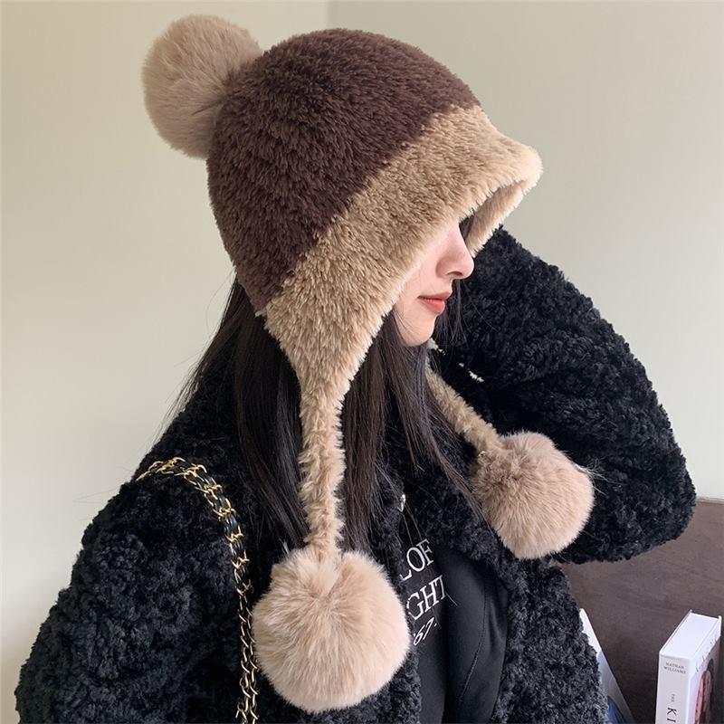 Plush Children's Autumn and Winter New Models Show a Small Face, Plush Thickened Knitted Hanging Ball Wool Cap, Warm Ear Protector