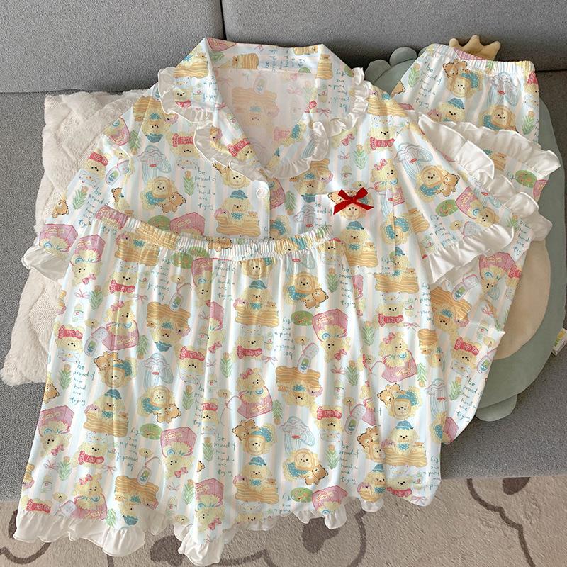 Welpen-süßer Imitations-Baumwoll-Spitzenpyjama für Damen Sommerwind-Loungewear Kurzarm kann draußen getragen werden dreiteiliges Set