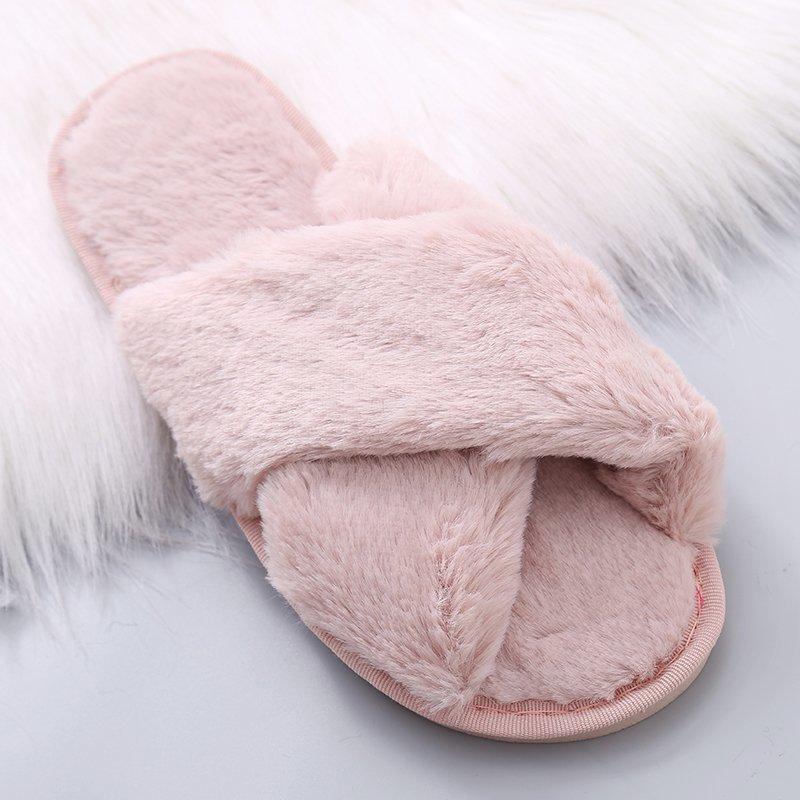 Winter New Women Slippers Faux Fur Cross Fluffy Flat Slippers Women's Home Floor Flip Flops Fashion Plush Warm Slippers WSH3748