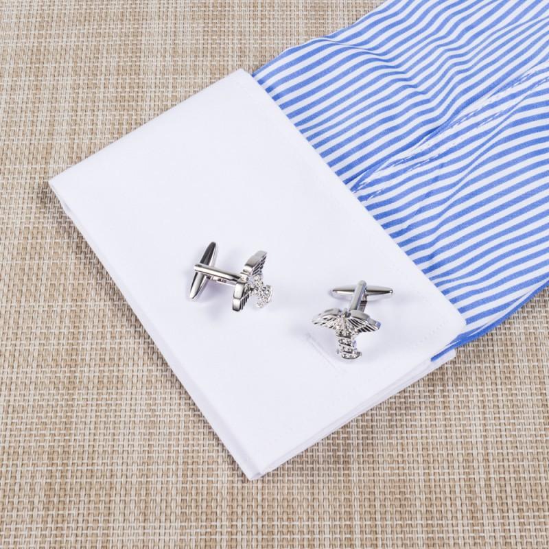 Electroplated Silver Double Snake Staff Reverse Cross Shaped Metal Cufflinks Men's French
