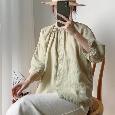 Casual Simple Tops Summer Vintage O-neck Short Sleeve Solid Color Loose All Match Women Shirts