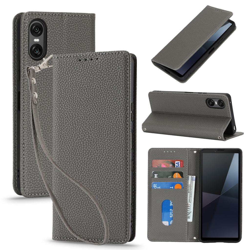 For Sony Xperia 10 VI Case Stand Wallet Litchi Texture Leather Flip Phone Cover with Strap