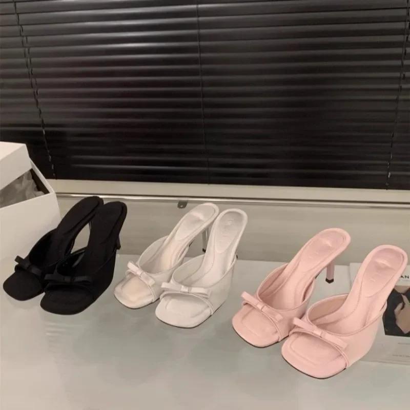Slipper Low High Heels Shoes Summer Best Street Look Females Square Head Open Toe bow Strappy Sandals Women