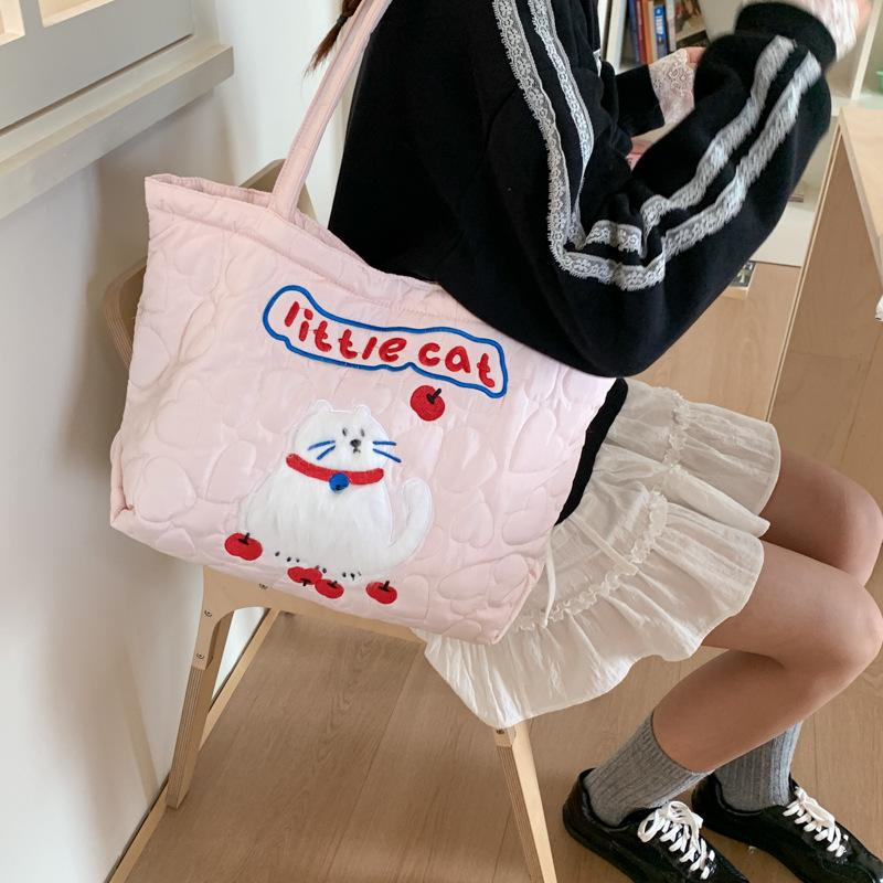 Cute Cotton Embroidery Women's Shoulder Bags Casual Quilted Ladies Large Capacity Tote Shopper Bag Lovely Dog Purse Handbags