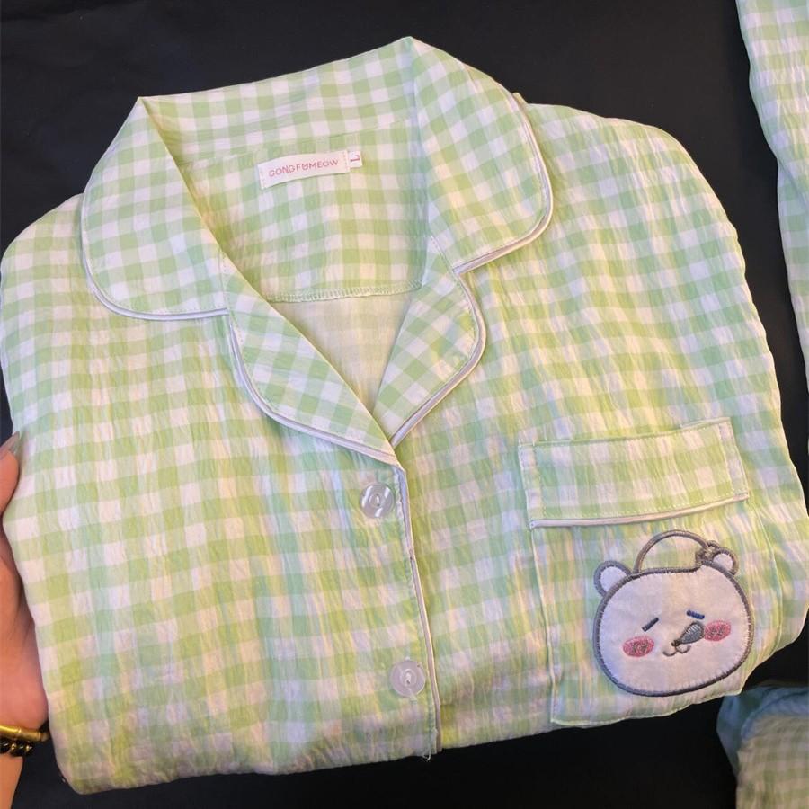 Summer new Japanese cute pajamas women s short-sleeved shorts student loungewear plaid self-deprecating bear outer suit S