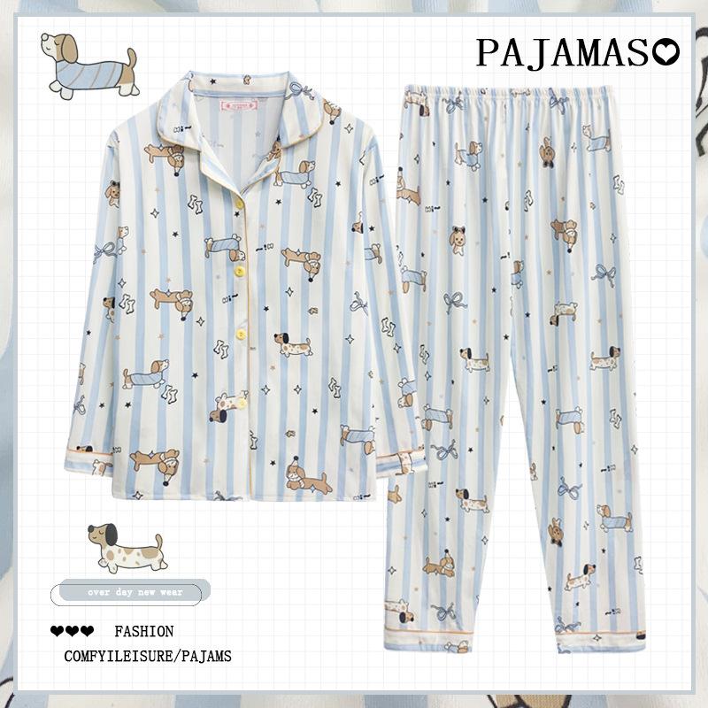 "Cute Dog Dachshund" ins cartoon spring and autumn striped pajamas women's cardigan long-sleeved loungewear autumn and winter suit