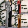 Women's Collar Long Sleeve Glitter Patchwork Jumpsuit Slim Mid Rise Straight Wide Leg Pants Tie Waist Elegant British Style Party Long Jumpsuit