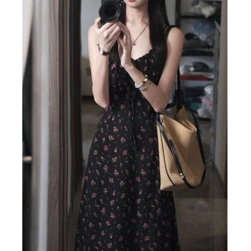 French Black Floral Neck Suspender Dress Women's Summer New Waist French Long Skirt