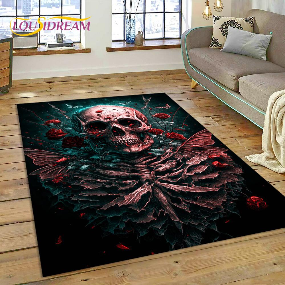 Cartoon Horrible Gothic Skull Flowers Carpet Rug for Home Living Room Bedroom Sofa Doormat Decor,Kid Area Rug Non-slip Floor Mat