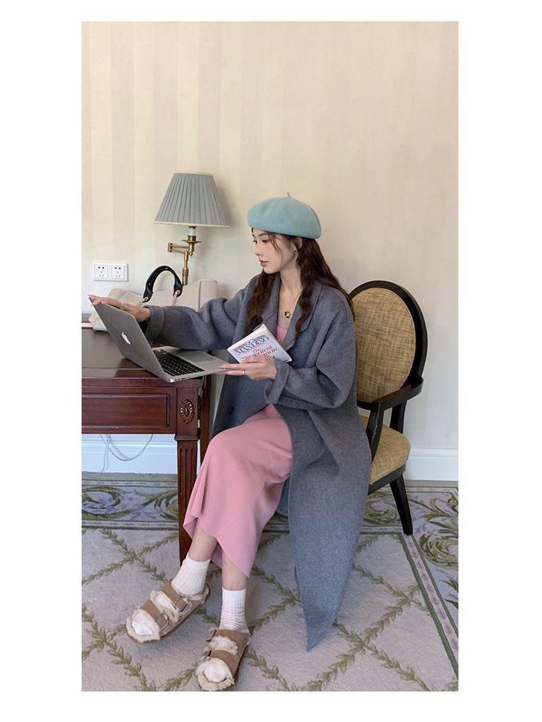 Petite Women's Korean-Style Fleece-Lined Gray Wool Coat for Fall/Winter