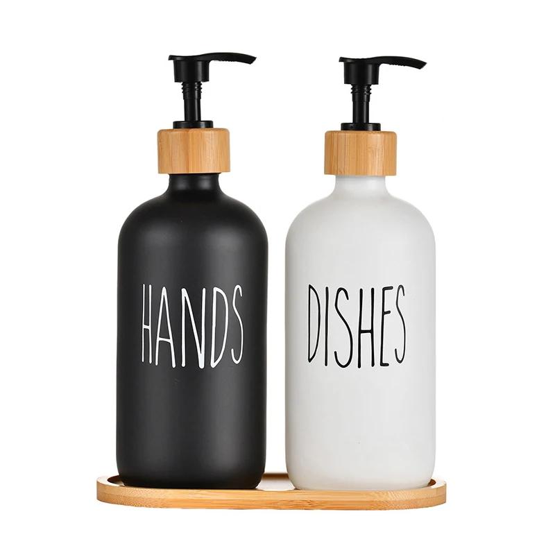 500ml Hand Spülmittelspender Set mit Bambusablage Nachfüllbare Plastikflasche Shampoo Duschgel Lotion Flüssigkeit Leerer Behälter