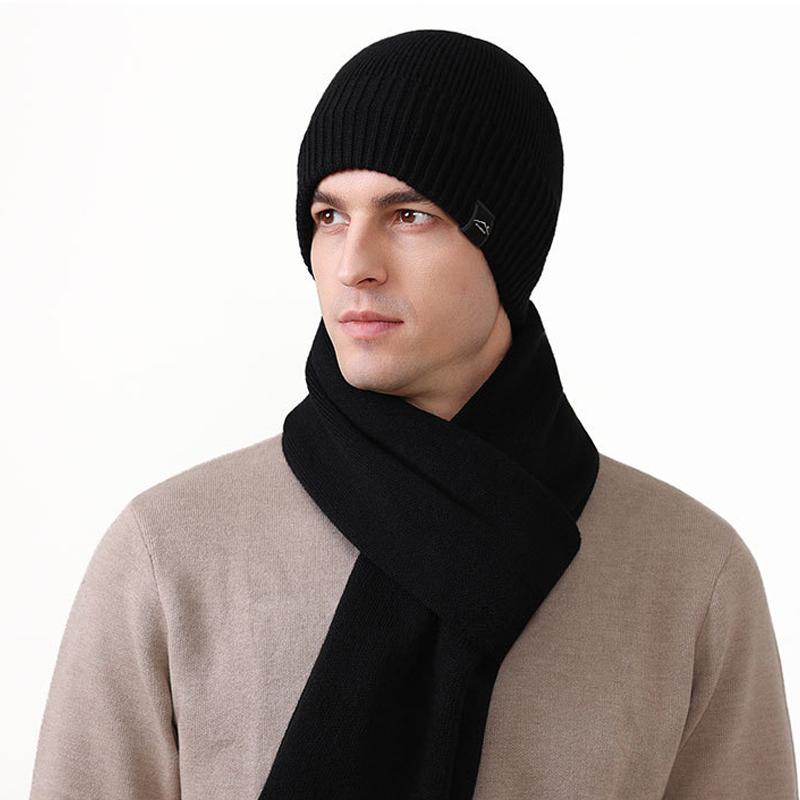 Autumn Winter Warm Suit Outdoor Velvet Thick Windproof Ear Protection Knitted Hat Scarf Two-Piece Set