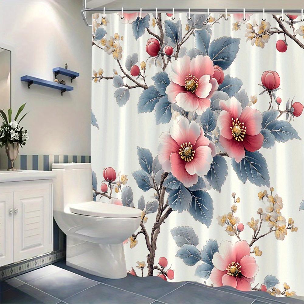 1Pc Romantic Peony Floral Shower Curtain - Large Pink And White Peonies On A Cream Background, Polyester Fabric With Hook