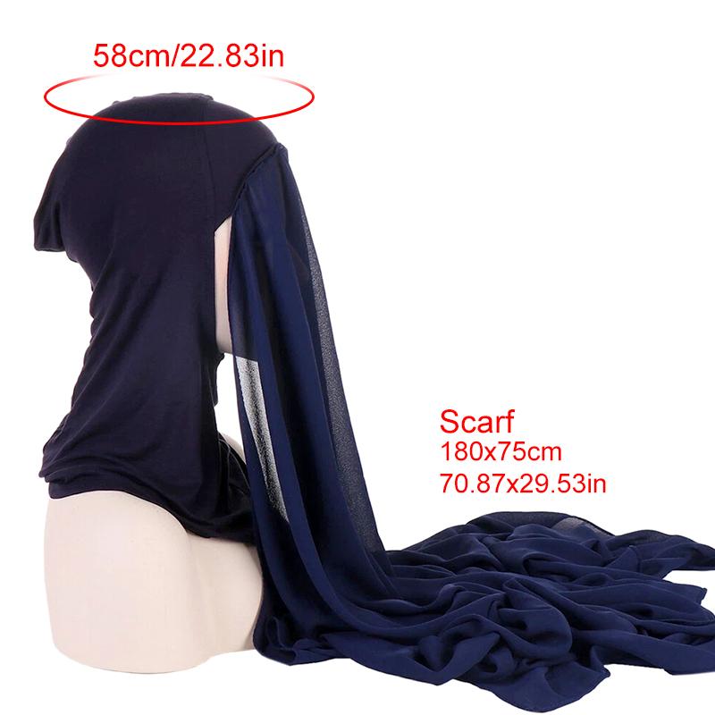 1Pc Muslim Shawl Scarf Chiffon Hijab Breathable Turban Head Wrap Women Solid Color Polyester With Inner Cap