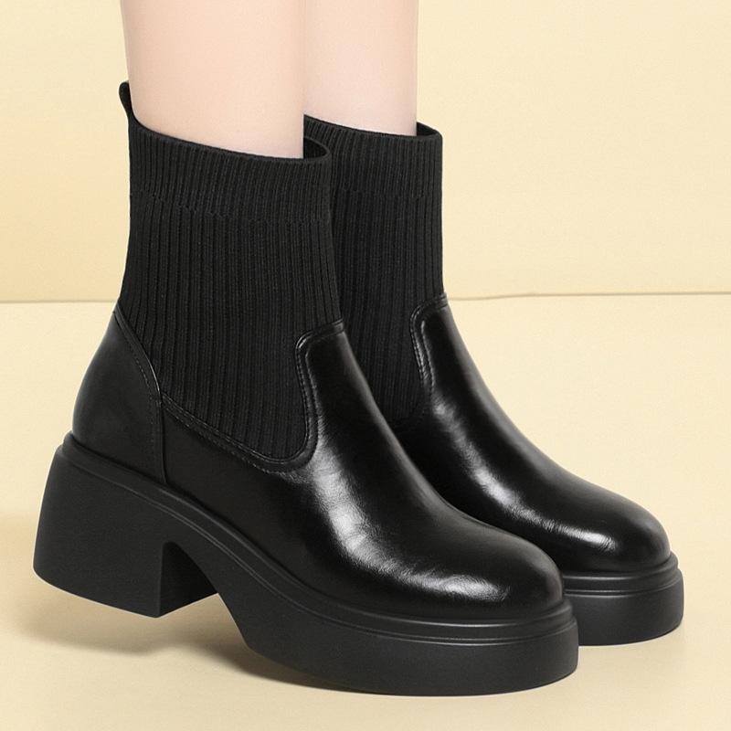 6cm Fashion Comfortable Soft Leather Boots Women's Platform Shoes Winter 2025 Flexible Elastic Sock Boots Warm Fur Ankle Botas