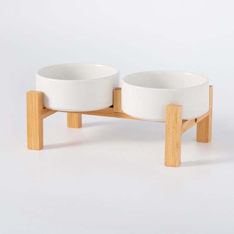 Ceramic Pet Food Bowl with Elevated Bamboo Stand - Anti-Tip Design for Dogs and Cats, Protects Cervical Spine