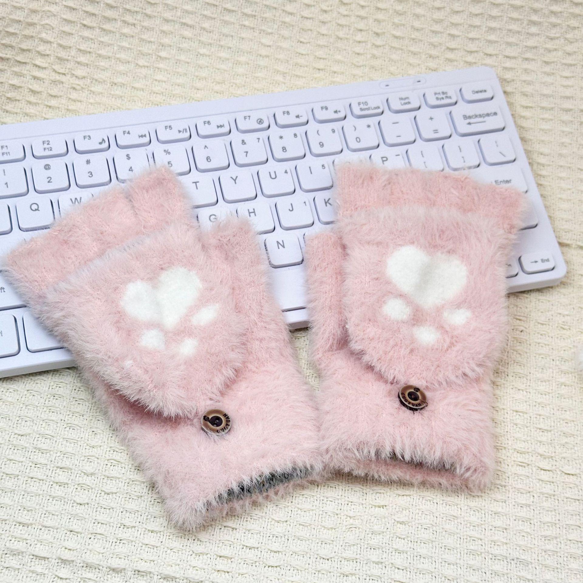 

Korean Cute Cat Paw Plush Gloves: Winter Warm Half Finger Flip-Top Knitted Design One Size розовый