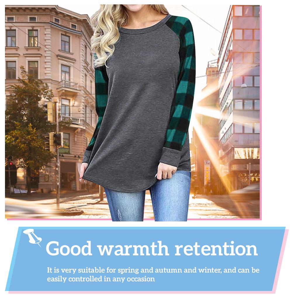 Damen T-Shirt Rundhals Langarm Splicing Karomuster Casual Oberteil