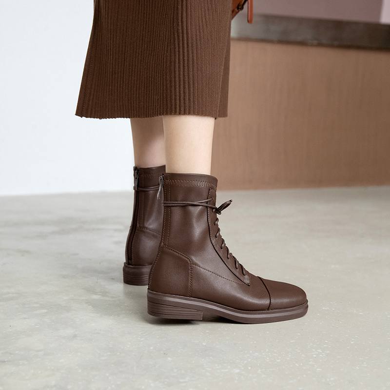 Krazing Pot Skórzane buty zimowe z okrągłym noskiem, grube, niskie obcasy, motocyklowe, damskie, sznurowane, duży rozmiar 43, botki