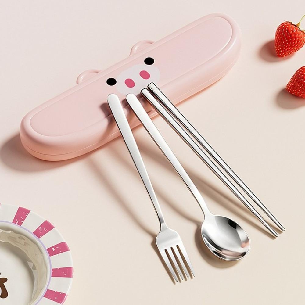 Cartoon Stainless Steel Cutlery Sets Portable Travelling Dinnerware Set School
