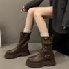 Fashion New Style Fashion Women's Leather Half High Boots Brown Round Toe Ladies Mid Calf Shoes Designer Luxury Comfortable and Elegant