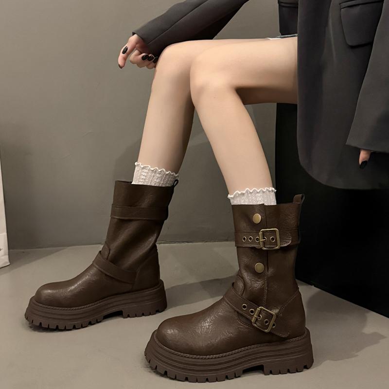Fashion New Style Fashion Women's Leather Half High Boots Brown Round Toe Ladies Mid Calf Shoes Designer Luxury Comfortable and Elegant