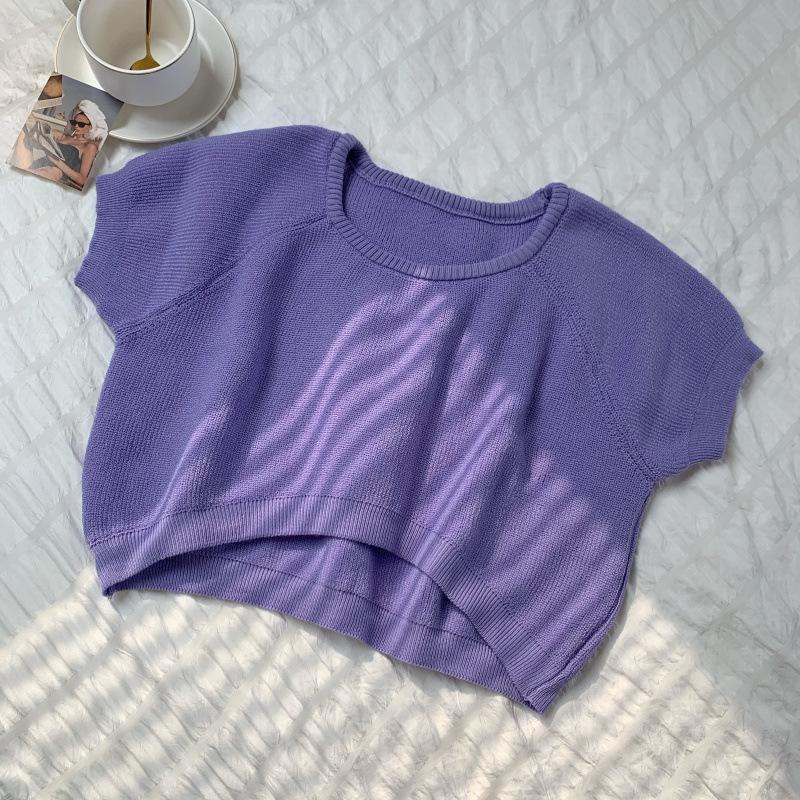 Lockeres Rundhals Kurzteil Nabel Strickshirt Damen Sommer Slim Dünnes Teil Kurzarm T-Shirt Tops Lässig Essentiell Slim Fit Pullover T-Shirts