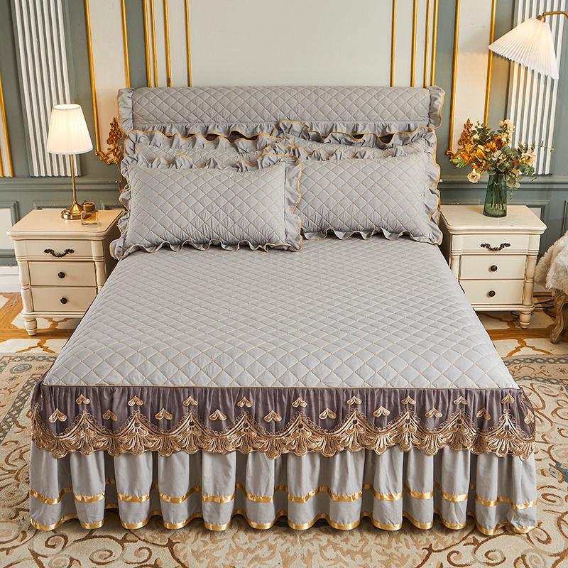 European solid color washed padded bed skirt four-piece set lace lace princess wind bed cover non-slip fixed Nordic