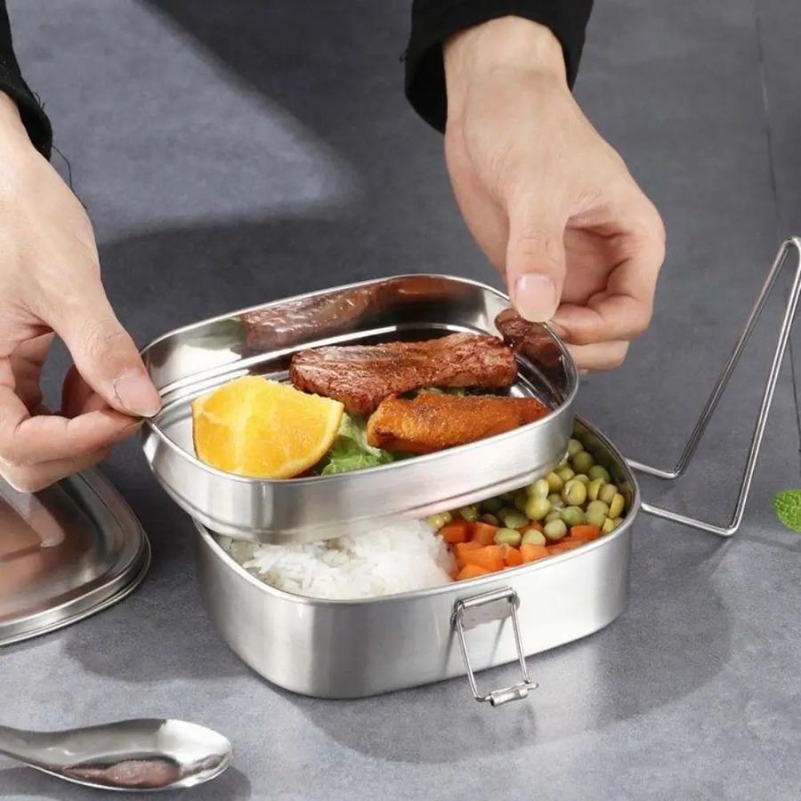 Prostokątny Lunchbox ze Stali Nierdzewnej Składany Uchwyt 1/2 Warstwy Pojemnik na Żywność Szczelny Nietłukący Pudełko do Przechowywania Żywności Szkoła