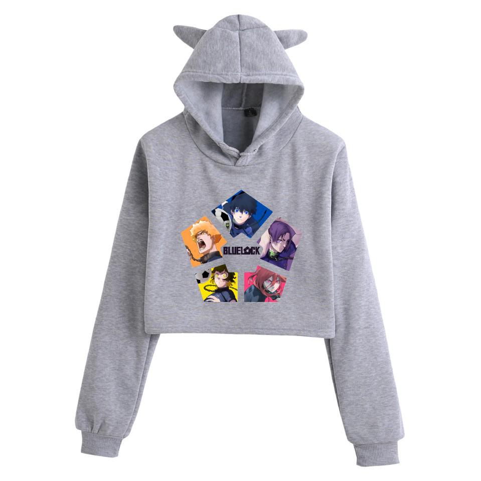 Blue Lock Women's Hooded Crop Top - Spring & Autumn European Style Sweatshirt
