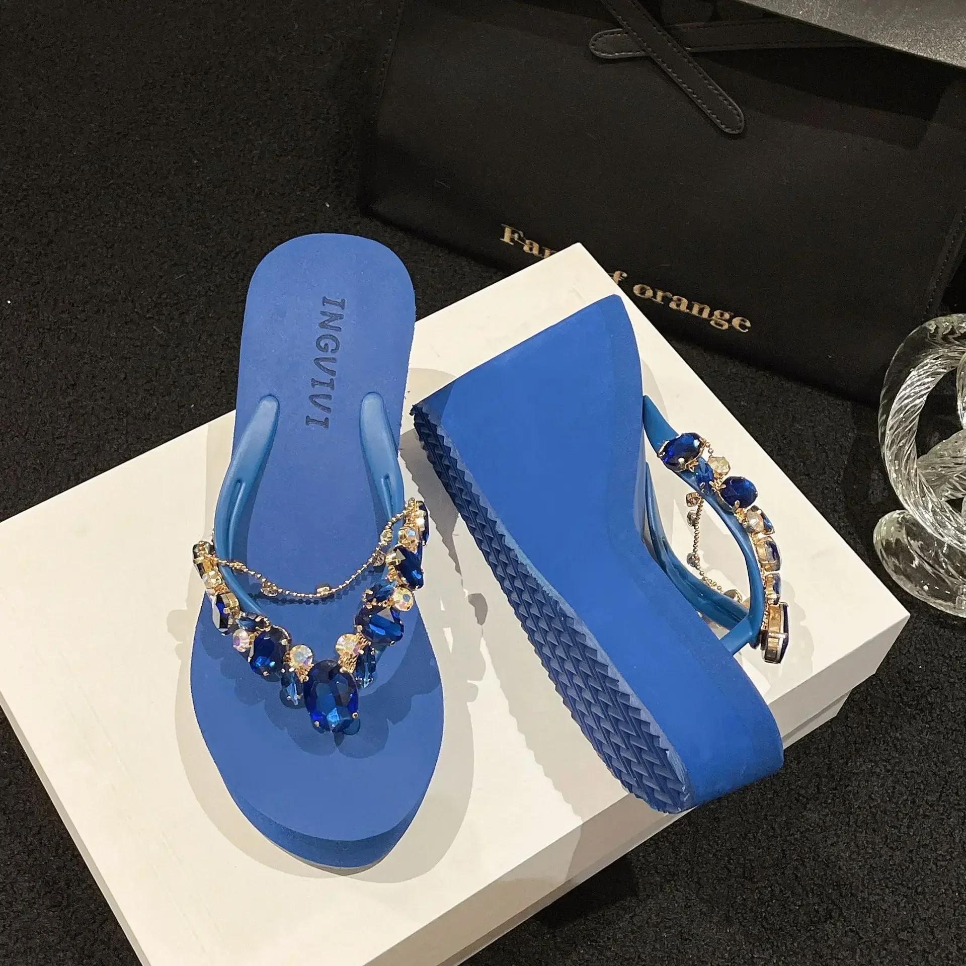 Slippers Dames Hoge Hak Slippers Dames Diamant Helling Hak Slippers Elegant Strand Sandalen Dames Sexy Schoenen 37 blue