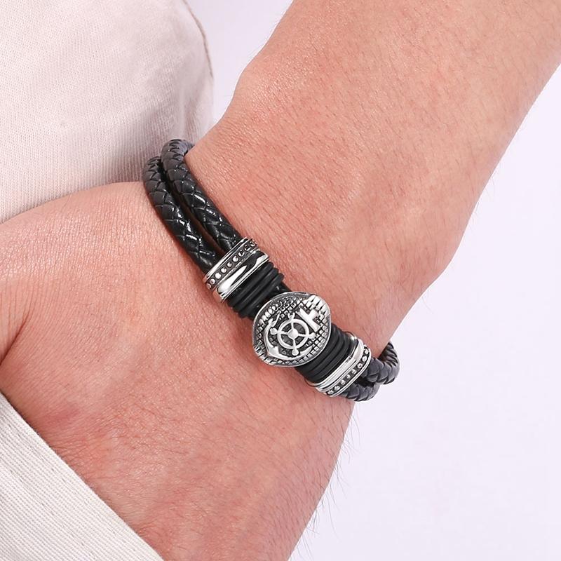 Handsome Punk Stainless Steel Clasp Anchor Accessories Braided Genuine Leather Bracelet  For Men Bangles Gifts