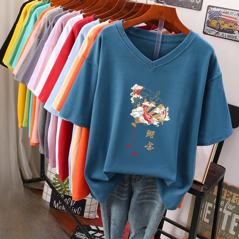 Kurzärmeliges T-Shirt, Locker sitzend, Schlankmachendes bedrucktes V-Ausschnitt-Top für Damen