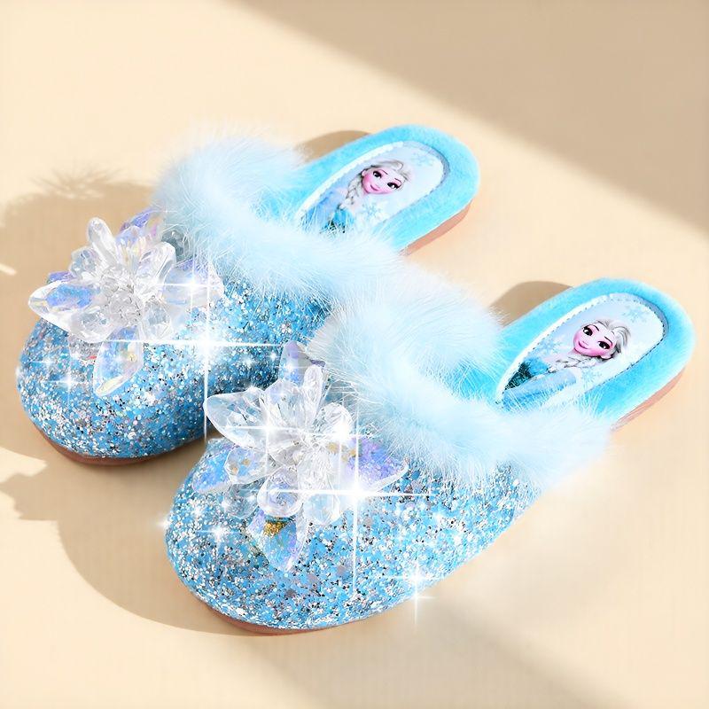 Pluszowe kapcie księżniczki Elsy dla dziewczynek - Urocze bawełniane kapcie z postaciami z kreskówek na jesień/zimę