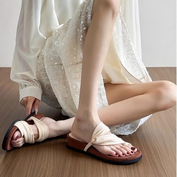 Soft leather~ French round head cover toe cool slippers women's summer outer wear temperament with skirt thick sole with two sandals
