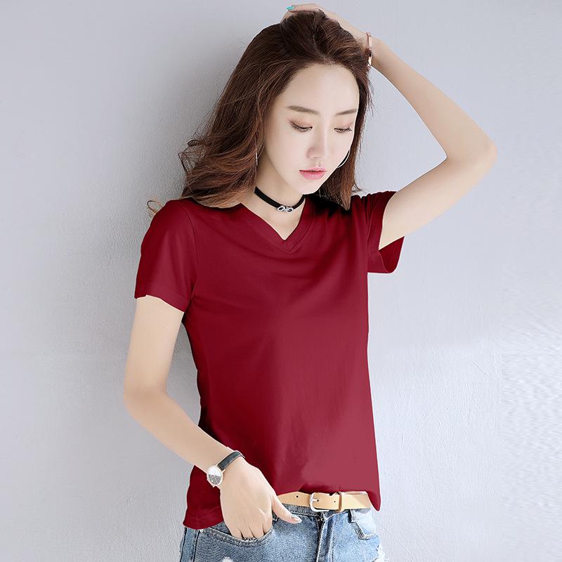 Women's Summer Pink V-Neck Pure Cotton Short Sleeve T-Shirt, Customizable with Logo.